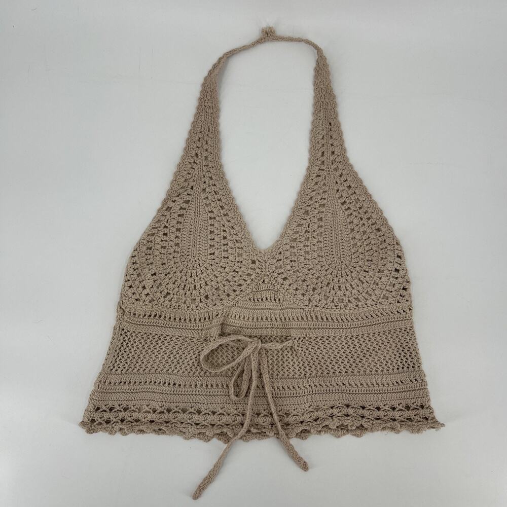 Vintage Crochet Halter Top Womens Size M Beige Tan Bohemian Boho Hippie Y2K